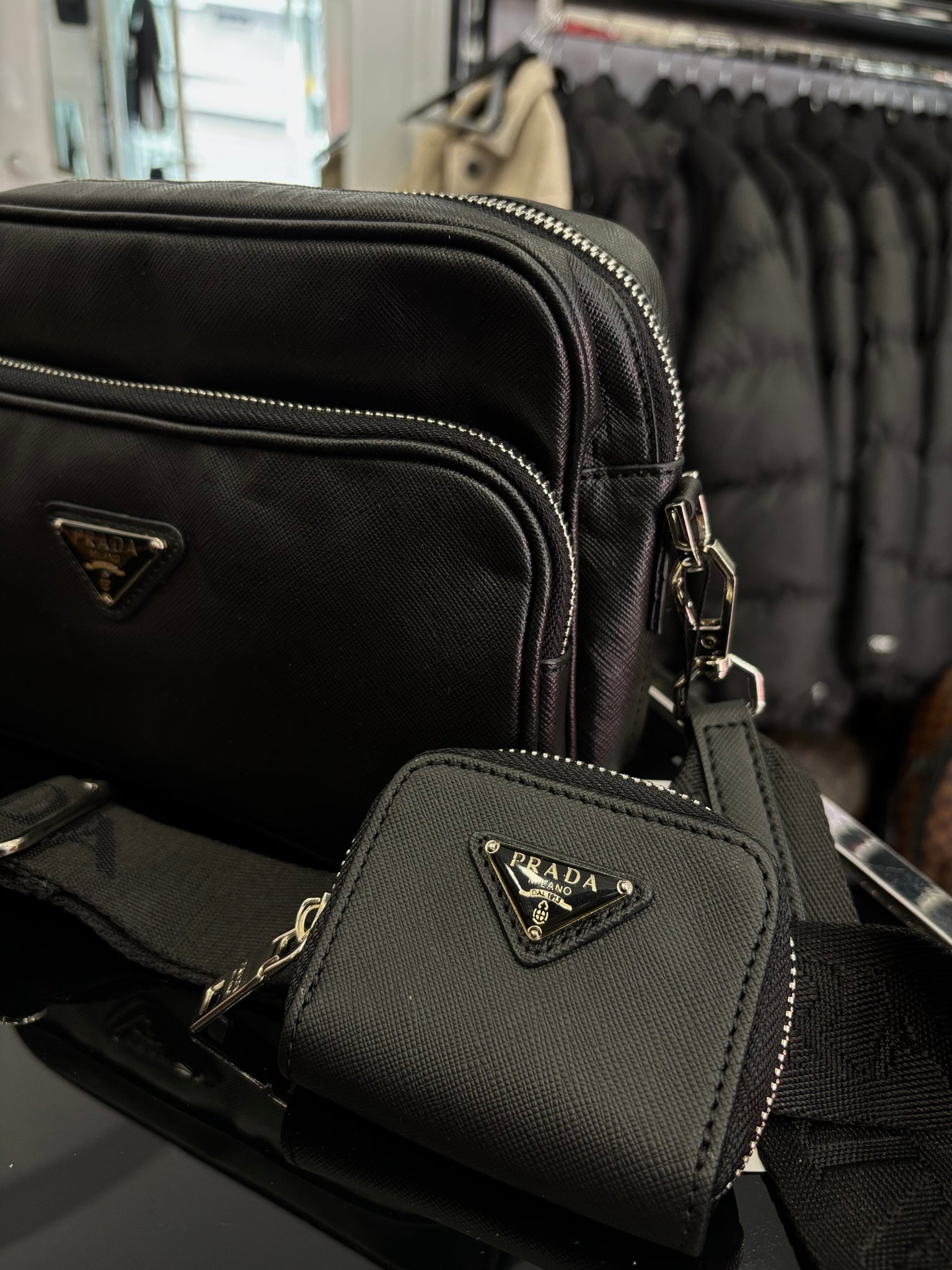 Prada Re-Nylon and brushed leather shoulder black bag