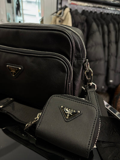 Prada Re-Nylon and brushed leather shoulder black bag