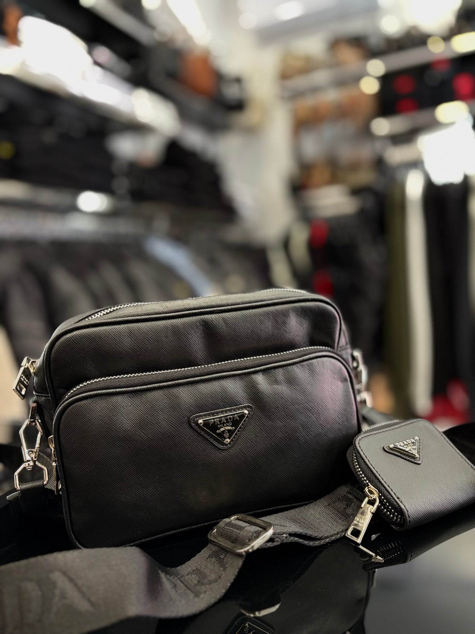 Prada Re-Nylon and brushed leather shoulder black bag