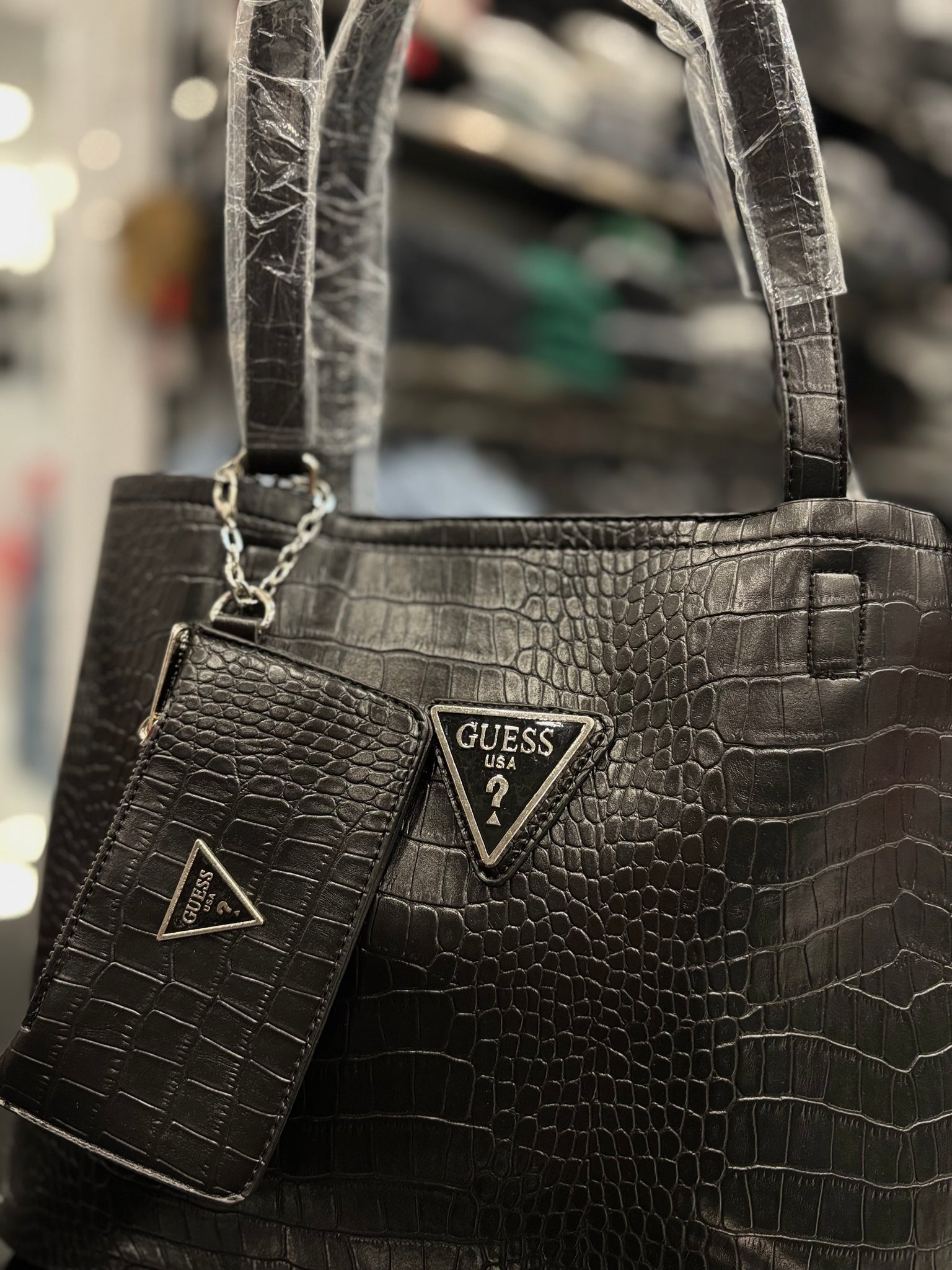 Guess Crocodile Detail shoulder black bag