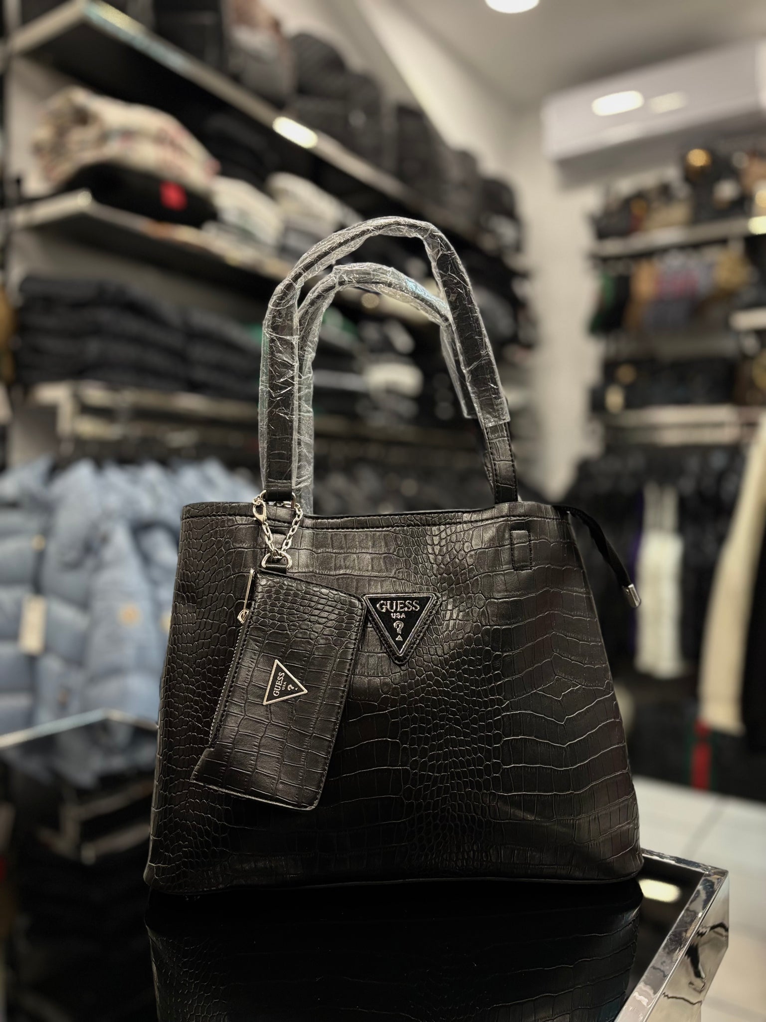 Guess Crocodile Detail shoulder black bag