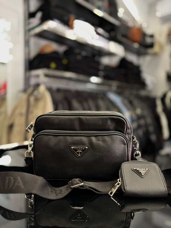 Prada Re-Nylon and brushed leather shoulder black bag